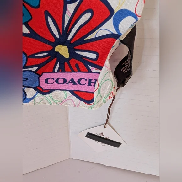 Coach Multicolor Floral Silk Scarf with Bold Blue & Red Blooms NWT